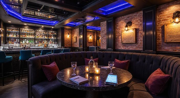 Elegante Nachtclub-Atmosphäre mit stilvollem Interieur und Servicepersonal. Elegante Nachtclub-Atmosphäre mit stilvollem Interieur und Servicepersonal.
