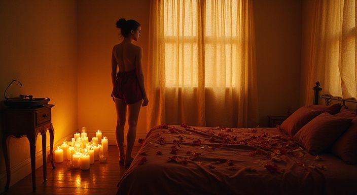 Ein stilvolles Schlafzimmer mit Kerzen, Rosenblättern und einer Person in Seide.