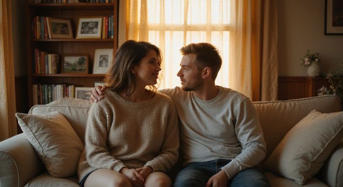 Ein Paar in einem gemütlichen Wohnzimmer zeigt Nähe und Engagement.