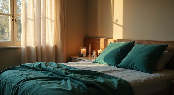 Ein stilvolles Schlafzimmer mit hochwertiger Bettwäsche und eleganten Möbeln.