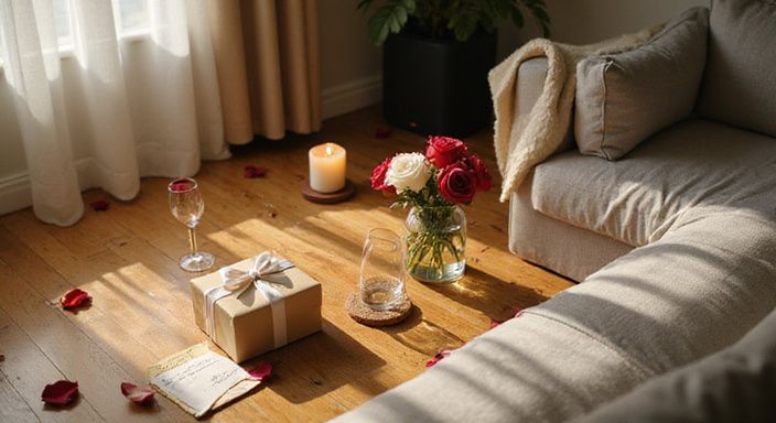 Ein gemütlicher Wohnraum mit Rosen, Geschenken und Kerzen.