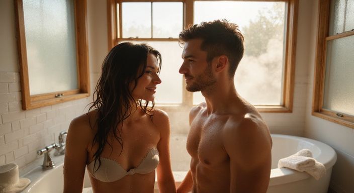 Ein Paar genießt einen intimen Moment in einem modernen Badezimmer.