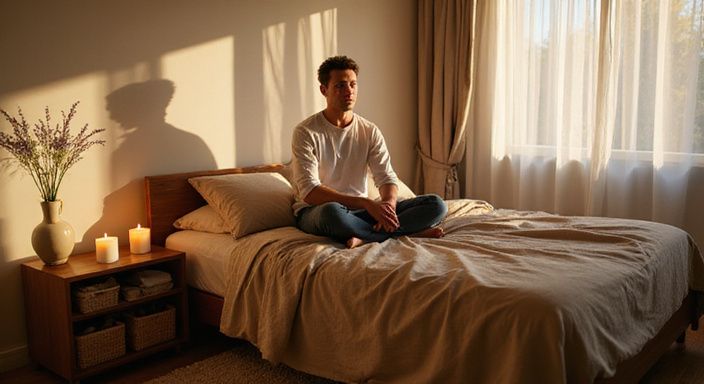 Ein entspannter Mann sitzt nachdenklich am Bett in einem gepflegten Schlafzimmer.