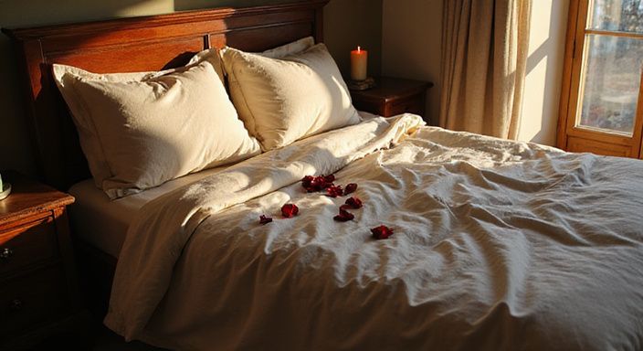 Ein ungemachtes King-Size-Bett mit burgunderfarbenen und cremefarbenen Bettwaren.