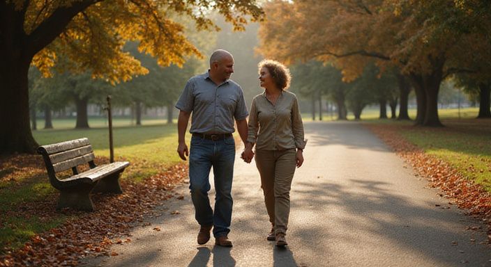 Ein mittleres Paar spaziert glücklich Hand in Hand im Park.