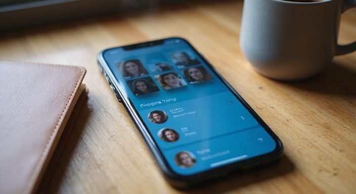 Ein iPhone 14 Pro zeigt Dating-App-Profile auf einem Schreibtisch. Ein iPhone 14 Pro zeigt Dating-App-Profile auf einem Schreibtisch.