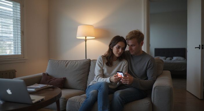 Ein Paar sitzt gemütlich auf einem grauen Sofa und schaut auf ein Smartphone. Ein Paar sitzt gemütlich auf einem grauen Sofa und schaut auf ein Smartphone.