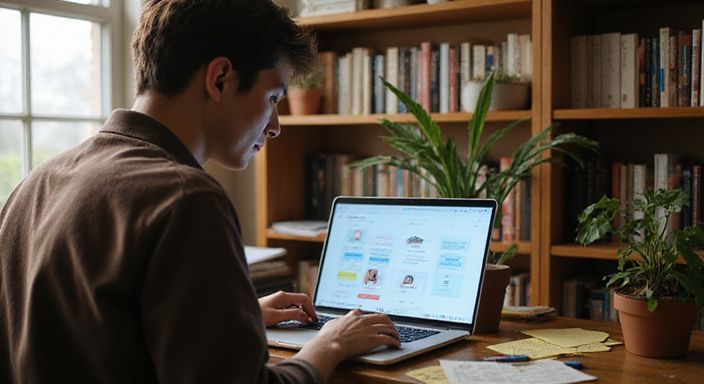 Eine Person arbeitet konzentriert an einem Laptop in einem Homeoffice. Eine Person arbeitet konzentriert an einem Laptop in einem Homeoffice.