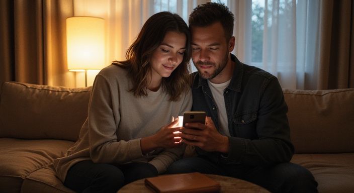Ein Paar sitzt nah beieinander und schaut gemeinsam auf ein Smartphone. Ein Paar sitzt nah beieinander und schaut gemeinsam auf ein Smartphone.
