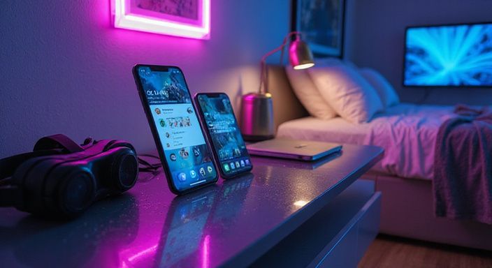 Moderner Schlafraum mit Smartphones, VR-Headsets und ungemachtem Bett. Moderner Schlafraum mit Smartphones, VR-Headsets und ungemachtem Bett.
