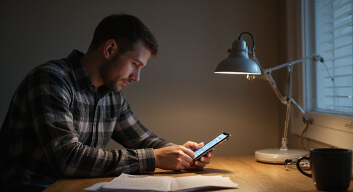 Eine skeptische Person betrachtet aufmerksam ihr Smartphone in einem Homeoffice. Eine skeptische Person betrachtet aufmerksam ihr Smartphone in einem Homeoffice.