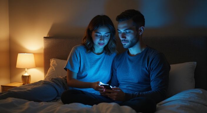 Ein Paar sitzt eng zusammen auf einem modernen Bett. Ein Paar sitzt eng zusammen auf einem modernen Bett.