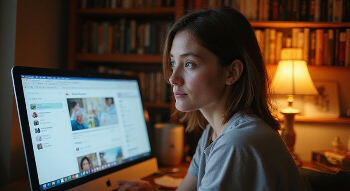 Eine Frau konzentriert sich auf eine Dating-App in ihrem Heimoffice. Eine Frau konzentriert sich auf eine Dating-App in ihrem Heimoffice.