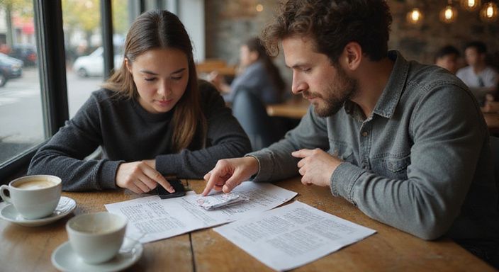 Ein Paar konzentriert sich auf Notizen bei einem Cafébesuch.