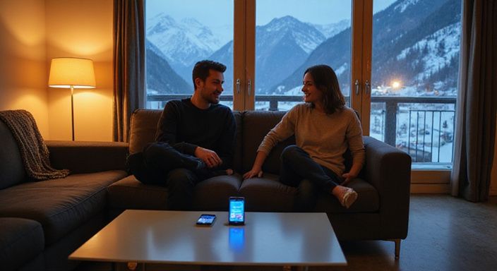 Zwei Erwachsene entspannen sich in einer modernen Alpenwohnung und reden.
