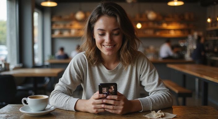 Eine lächelnde Frau nutzt eine Dating-App in einem Café. Eine lächelnde Frau nutzt eine Dating-App in einem Café.