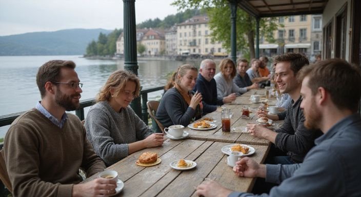 Gruppe von Erwachsenen genießt zwangloses Beisammensein am Bielersee. Gruppe von Erwachsenen genießt zwangloses Beisammensein am Bielersee.