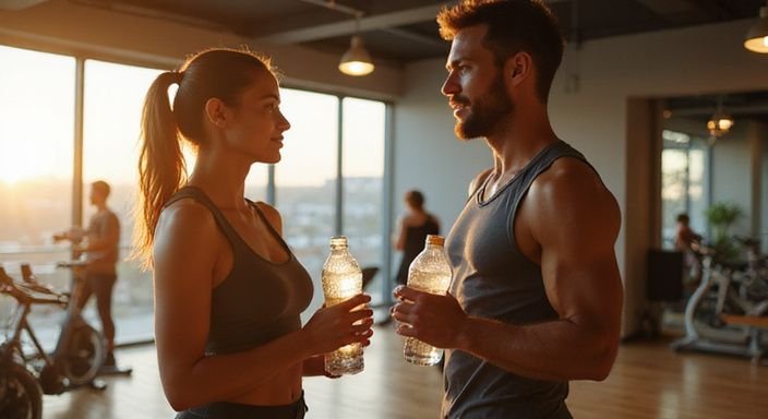 Zwei sportliche Personen in einem Fitnessstudio während eines Gesprächs. Zwei sportliche Personen in einem Fitnessstudio während eines Gesprächs über Firten und Daten in Biel.