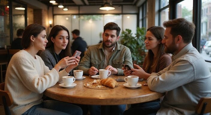 Fünf junge Erwachsene unterhalten sich entspannt in einem Café. Fünf junge Erwachsene unterhalten sich entspannt in einem Café.