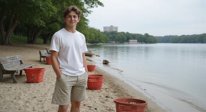 Junger Erwachsener am Wasser mit lässiger Haltung und lächelnd. Junger Erwachsener am Wasser mit lässiger Haltung und lächelnd.
