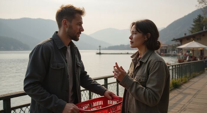 Zwei Erwachsene führen ein entspanntes Gespräch am Bielersee. Zwei Erwachsene führen ein entspanntes Gespräch über Firten und Daten in Biel am Bielersee.