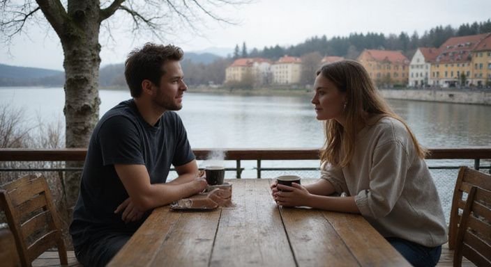 Zwei junge Erwachsene genießen ein Gespräch an einem See-Café. Zwei junge Erwachsene genießen ein Gespräch über Firten und Daten in Biel an einem See-Café.