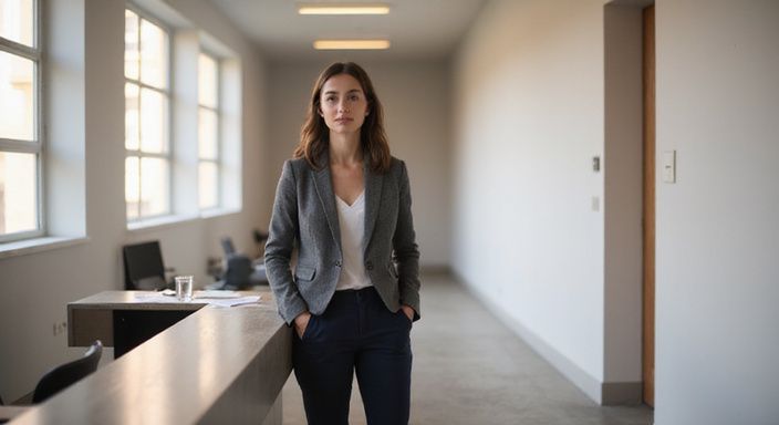 Eine Frau in einem eleganten Anzug steht in einem minimalistischen Flur.