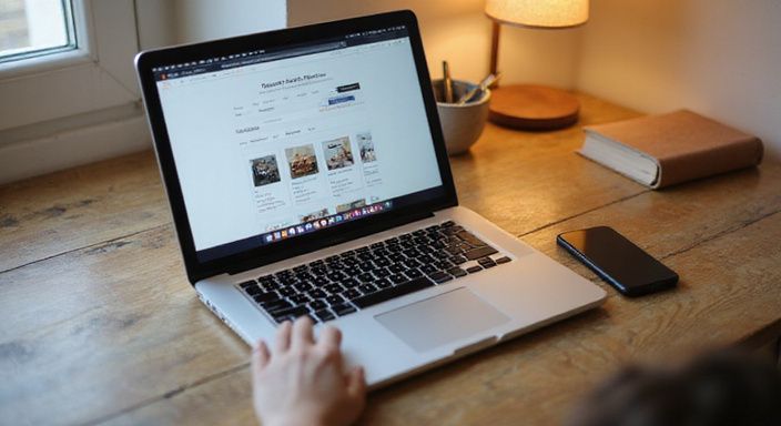 Ein aufgeräumter Schreibtisch mit MacBook Pro und iPhone.
