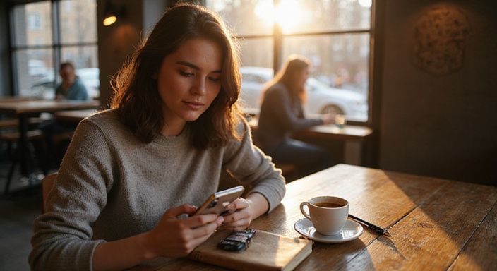 Eine nachdenkliche Frau nutzt eine Dating-App für Sexkontakt in Feldkirch in einem Café.