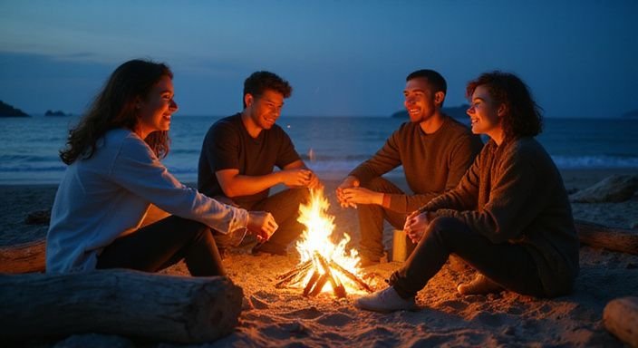 Eine Gruppe junger Erwachsener genießt einen intimen Abend am Strand.