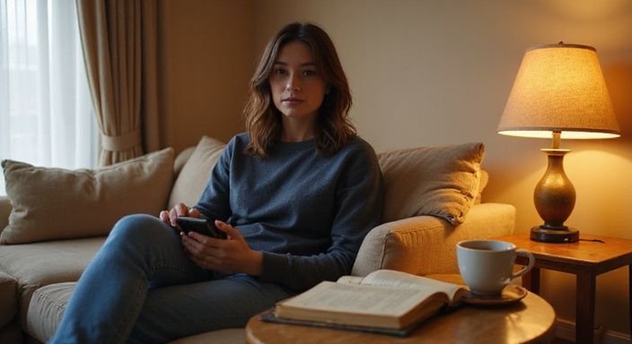 Eine Frau entspannt auf einem Sofa mit Tee und Notizbuch.