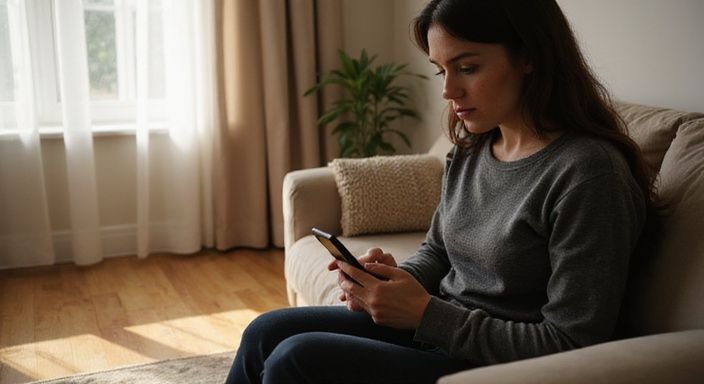 Eine Frau in legerer Kleidung entspannt auf einem Sofa mit Smartphone und suche sexkontakt in Baden-Württemberg.