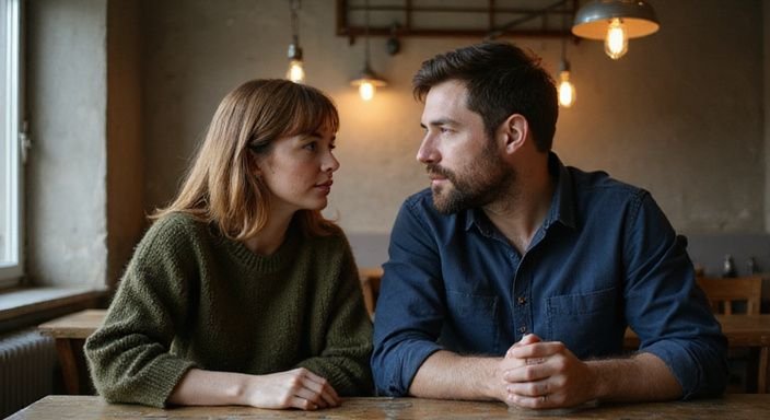 Eine Frau und ein Mann sitzen vertraulich in einem gemütlichen Café. Eine Frau und ein Mann sitzen vertraulich in einem gemütlichen Café.