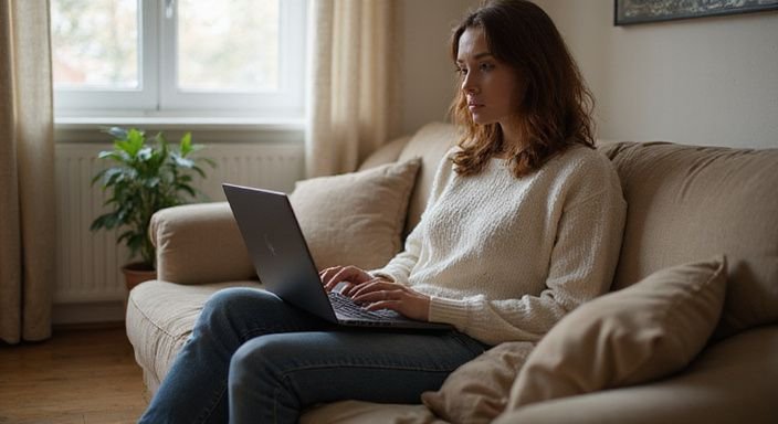 Eine Frau sitzt entspannt auf dem Sofa und nutzt ihren Laptop. Eine Frau sitzt entspannt auf dem Sofa und nutzt ihren Laptop.