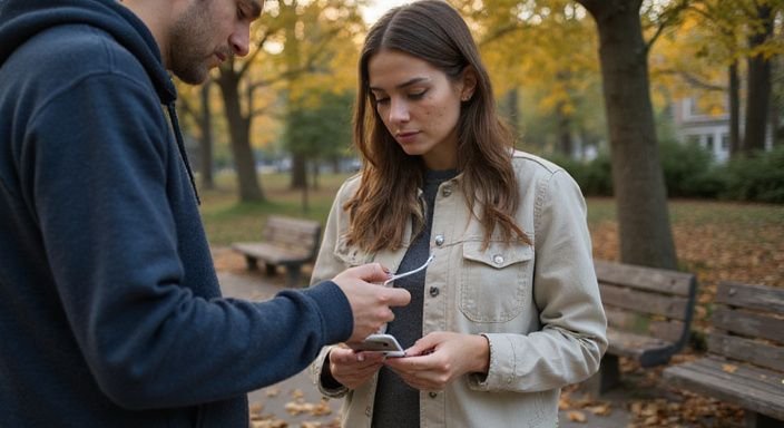 Zwei Personen tauschen vorsichtig ein Ladekabel in einem Park aus. Zwei Personen tauschen vorsichtig ein Ladekabel in einem Park aus.
