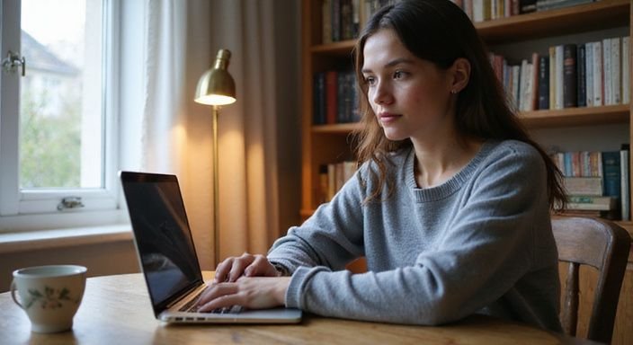 Eine Frau arbeitet konzentriert an ihrem Schreibtisch in einem Heimoffice. Eine Frau arbeitet konzentriert an ihrem Schreibtisch in einem Heimoffice und wollen sexkontakt in Brandenburg.