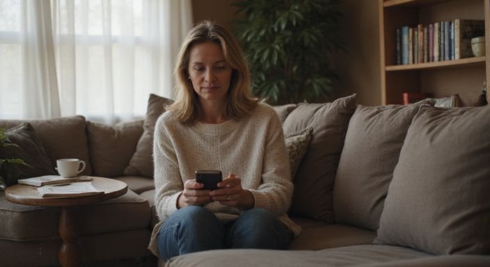 Eine Frau sitzt entspannt auf einer Couch mit ihrem Smartphone. Eine Frau sitzt entspannt auf einer Couch mit ihrem Smartphone.