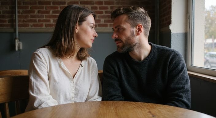 Eine Frau und ein Mann sitzen in einem gemütlichen Café zusammen. Eine Frau und ein Mann sitzen in einem gemütlichen Café zusammen.