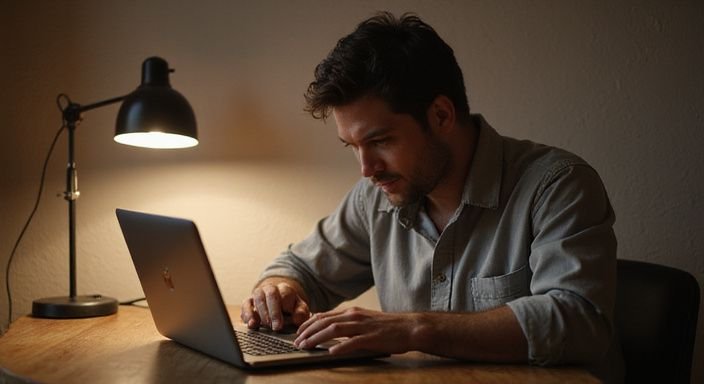 Eine Person sitzt am Schreibtisch und fokussiert auf den Laptop. Eine Person sitzt am Schreibtisch und fokussiert auf den Laptop und suche sexkontakt in Brandenburg.