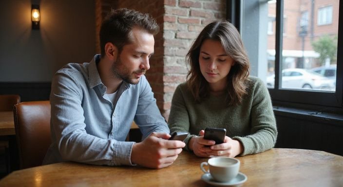 Zwei Personen sitzen in einem Café und nutzen ihre Smartphones.