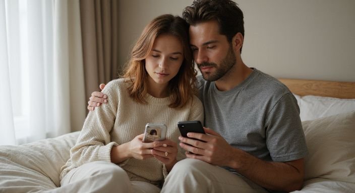 Ein Paar entspannt im Bett und nutzt ihre Smartphones und wollen sexkontakt in Bremen.