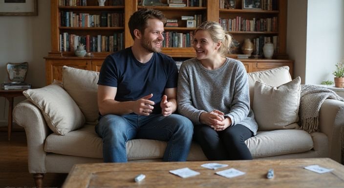 Ein Paar spricht entspannt über Dating-Plattformen auf einem Sofa.