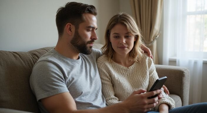 Ein Paar sitzt auf der Couch und kommuniziert über sexkontakt in Bremen.