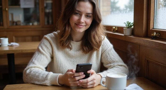 Eine Frau in einem Café lächelt beim Chatten auf ihrem Smartphone.