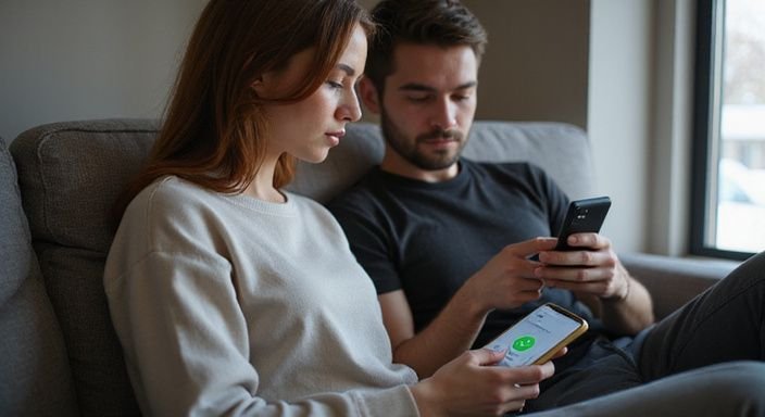 Ein junges Paar sitzt entspannt auf einem modernen Sofa.