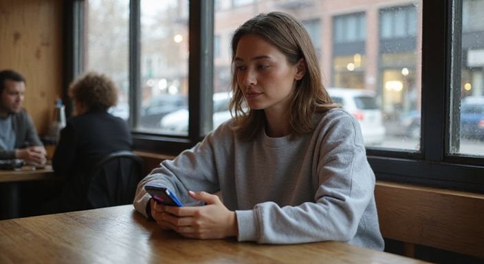 Eine Frau in einem Café scrollt konzentriert durch ihr Smartphone und wollen sexkontakt in Mecklenburg- Vorpommern.