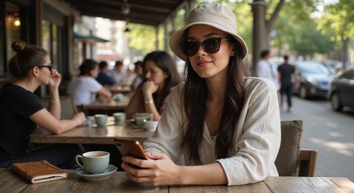 Frau mit Smartphone lächelt zufrieden in einem belebten Café. Frau mit Smartphone lächelt zufrieden in einem belebten Café.
