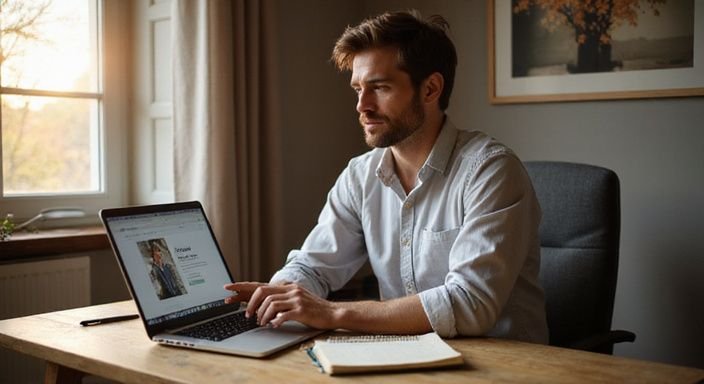 Ein Mann arbeitet konzentriert an einem Kontaktinserat in seinem Heimstudio. Ein Mann arbeitet konzentriert an einem Kontaktinserat in seinem Heimstudio.