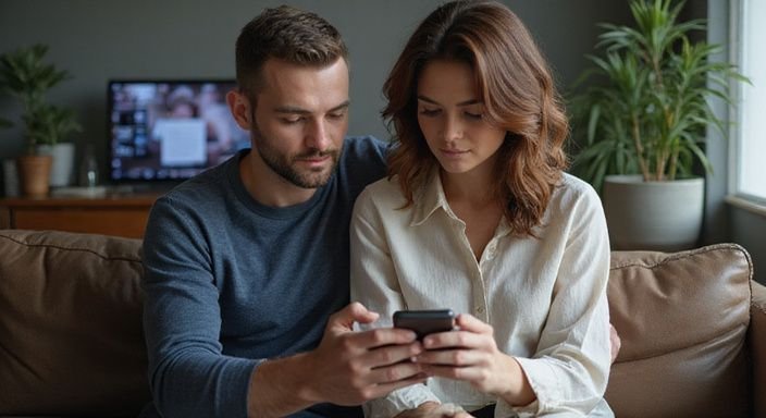 Ein Paar sitzt auf einer Couch und schaut auf ein Smartphone. Ein Paar sitzt auf einer Couch und schaut auf ein Smartphone und suche Rheinland-Pfalz.