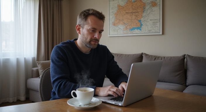 Ein Mann durchstöbert Online-Dating-Seiten in seinem gemütlichen Wohnzimmer. Ein Mann durchstöbert Online-Dating-Seiten für sexkontakt in Rheinland-Pfalz in seinem gemütlichen Wohnzimmer.